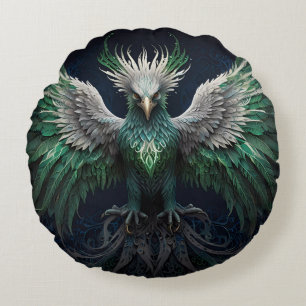 Majestisk Grönt och vit Phoenix Bird Rund Kudde