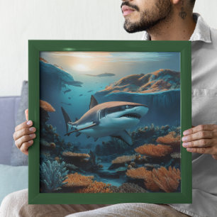 Majestisk haj som glider genom havsdjup poster