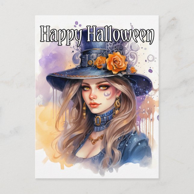 Majestisk häxillustration God Halloween Vykort (Framsida)