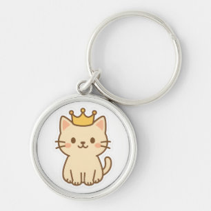Majestisk kudderlig katt med Krona Rund Silverfärgad Nyckelring