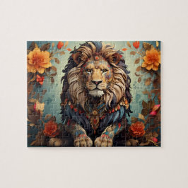 Majestisk lejon bland blommor pussel