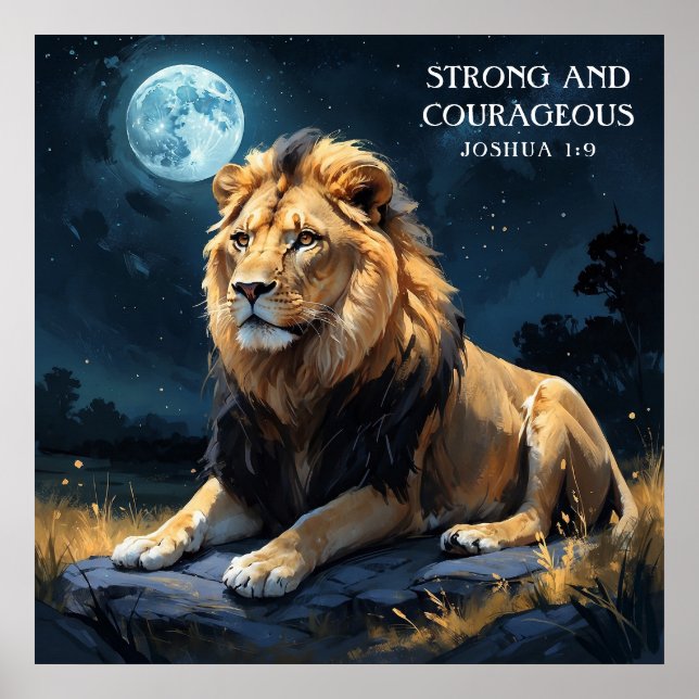 Majestisk Lejon på natten med Stars och Måne Faith Poster (Framsidan)