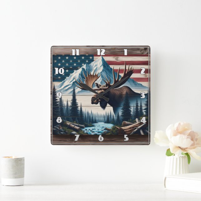 Majestisk Moos framför bergen och Flagga Fyrkantig Klocka (Hem)