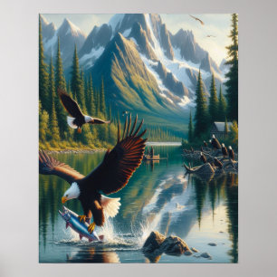 Majestisk ört som fångar fisk vid Soluppgång 16 x  Poster