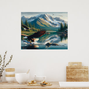 Majestisk ört som fångar fisk vid soluppgång poster