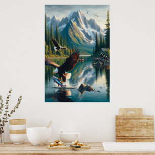 Majestisk ört som fångar fisk vid soluppgång poster
