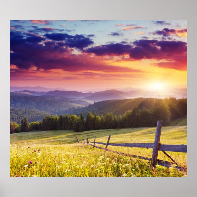 Majestisk solnedgång i bergen poster (Framsidan)