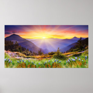 Majestisk solnedgång i bergslandskapet poster