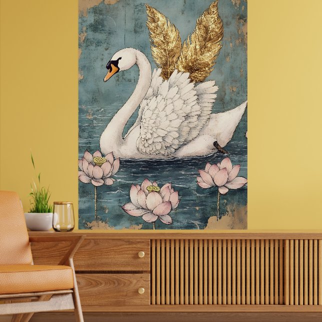 majestisk svan med gyllene vingar svävar på vattne poster (Vardagsrum 2)
