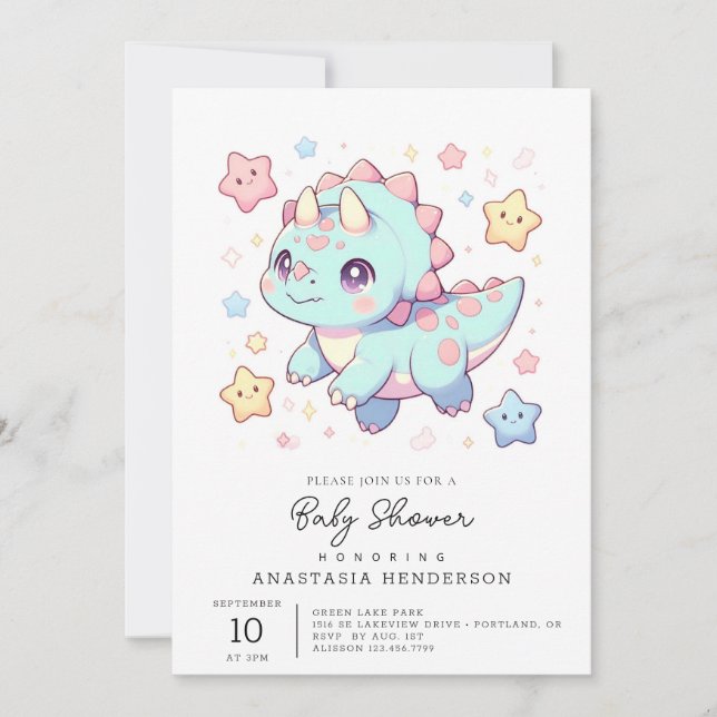 Majestisk Tecknad Dinosaur Baby Shower Inbjudningar (Framsida)