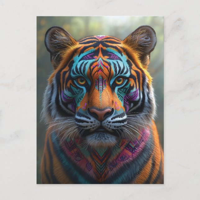 Majestisk tiger med Vibrant Tribal Ansikte Paint Vykort (Framsida)