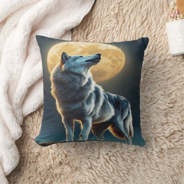 Majestisk Varg Howling under Fullt Moonlight Kudde (Filt)