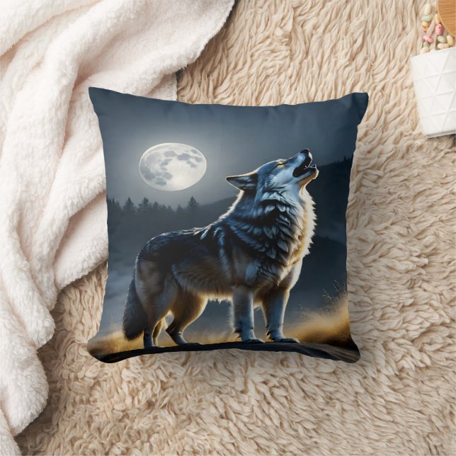 Majestisk Varg Howling under Fullt Moonlight Kudde (Filt)
