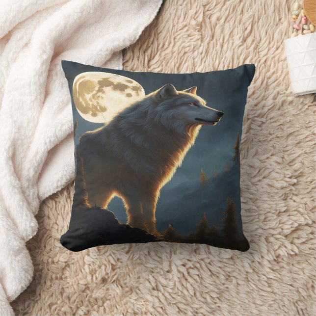 Majestisk Varg Howling under Fullt Moonlight Kudde (Filt)