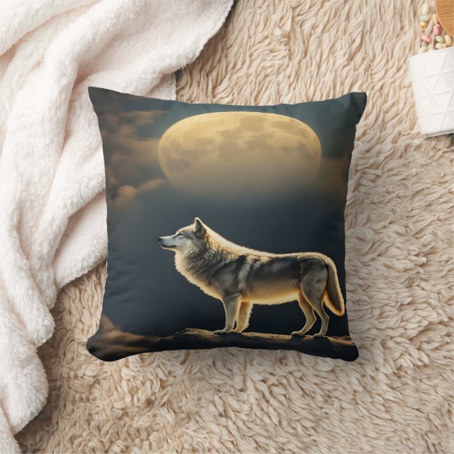 Majestisk Varg Howling under Fullt Moonlit Himmel Kudde (Filt)