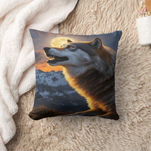 Majestisk Varg Howling under Moonlit Himmel Kudde (Filt)