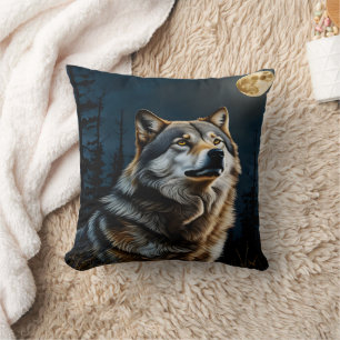 Majestisk Varg Howling under Moonlit Himmel Kudde