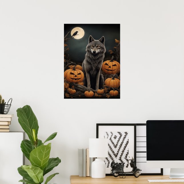 Majestisk Varg och pumpor under månljuset Poster (Hemmakontoret)