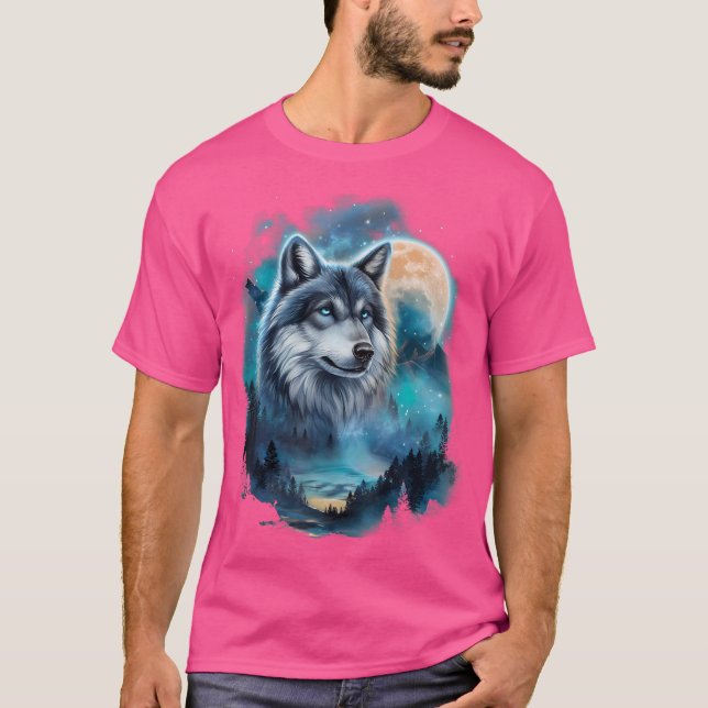 Majestisk Varg under Moonlit Forest Himmel T Shirt (Framsida)