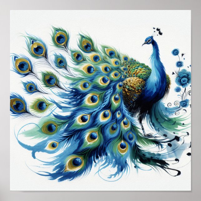 Majestiska fjädrar: Blue Peacock Digital Art Poster (Framsidan)
