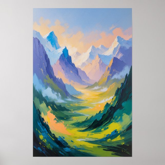 Majestiskt bergsdal med mjukt ljus landskap poster (Framsidan)