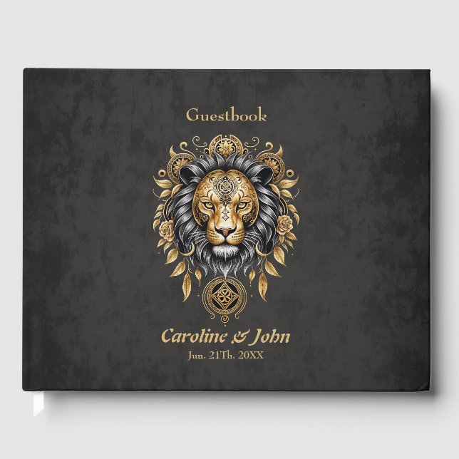 Majestiskt lejont huvud med svart mane. gästböcker (Framsida)