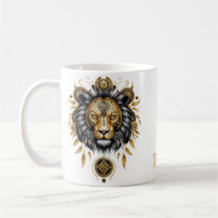 Majestiskt lejont huvud med svart mane. kaffemugg