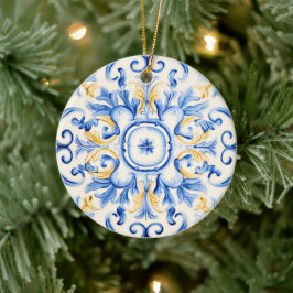 Majolica: Blue och Guld Julgransprydnad Keramik