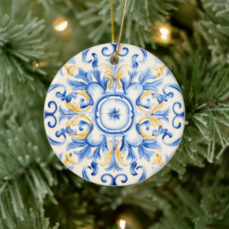 Majolica: Blue och Guld Julgransprydnad Keramik