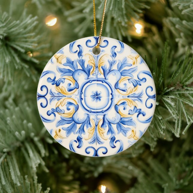 Majolica: Blue och Guld Julgransprydnad Keramik (Träd)