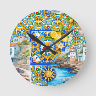 Majolica,citron,sicilianska plattor, rund klocka