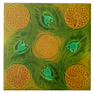 Majolica Nouveau Peacock Feathers Repro Antique Kakelplatta