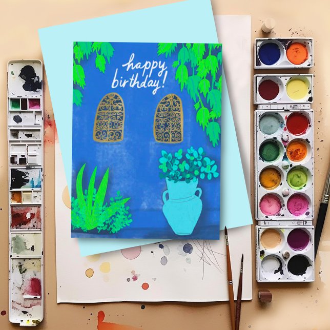 Majorelle Gardens Blå La Jardin GRATTIS PÅ FÖDELSE Vykort (Custom happy birthday postcard with colorful artwork inspired by Majorelle Gardens)