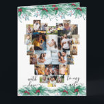 Maka Heart Photo Collage Holly Mistletoe jul Kort<br><div class="desc">Fotojulkort för din fru med kärlek hjärtformade fotokollage som innehåller 24 av dina favoritfoton. Kortet är kantat av vattenfärgen holly och mistletoe garlands och är skrivet med elegant handskrivet manustypografi. Fotomallen är inställd så att du kan lägga till bilder - lägg till det sex största bilder först, bilda det inre...</div>