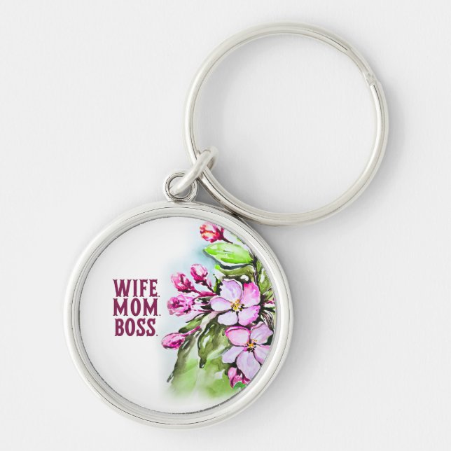 Maka Mamma Chef, Rosa Flowers Rund Silverfärgad Nyckelring (Framsidan)