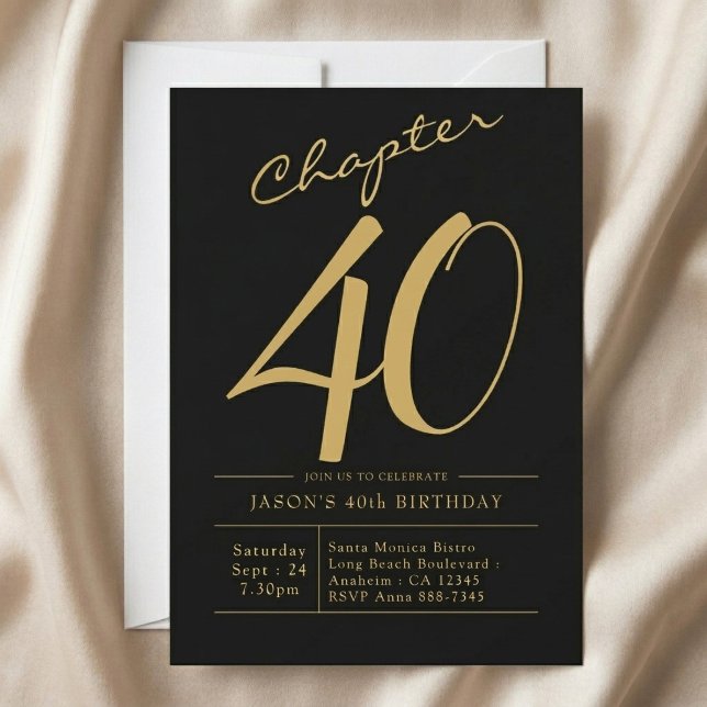 Makar 40-årsdag 40 år Svart Guld Fest Inbjudningar (Black And Gold 40th birthday invitation on light cloth background)