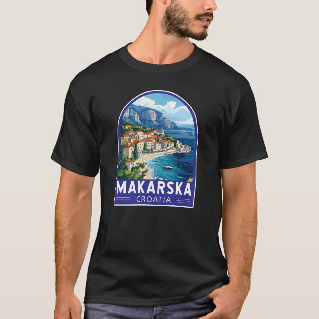 Makarska Kroatien Travel Art Emblem T Shirt (Framsida)