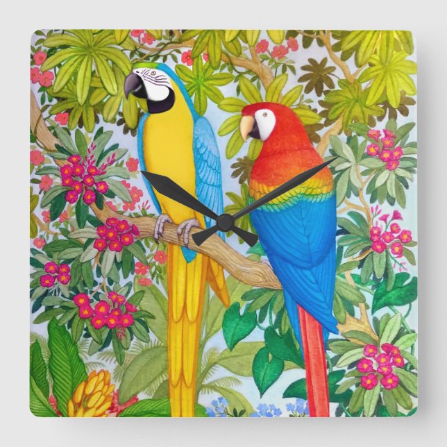Makaw Parrots Tropical Birds Wall Clock Fyrkantig Klocka (Framsida)