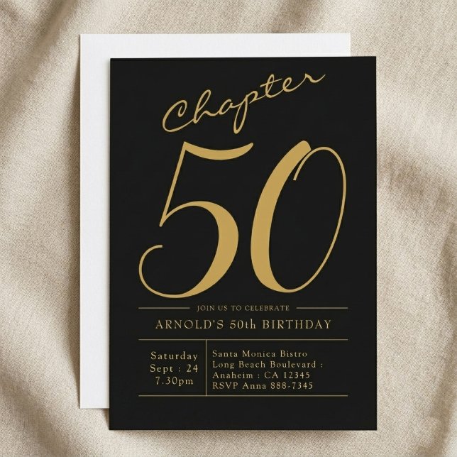 Make 50-årsfirande Svart Guld Fest Inbjudningar (50th birthday black and gold invite. Light cloth background.)