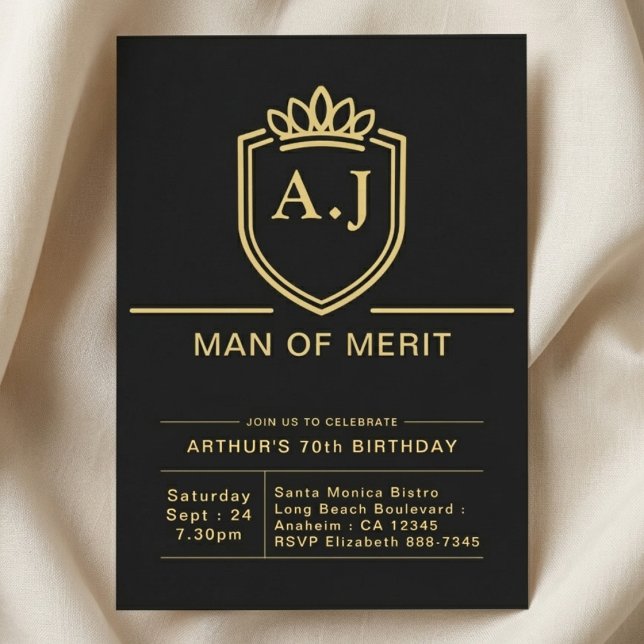 Make 70-årsfirande 70 år Svart Guld Fest Inbjudningar (Black and gold invite on cloth background.)