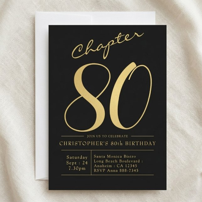Make 80-årsfirande Svart Guld Inbjudningar (Black and Gold 80th Birthday Invitation. Light cloth background.)