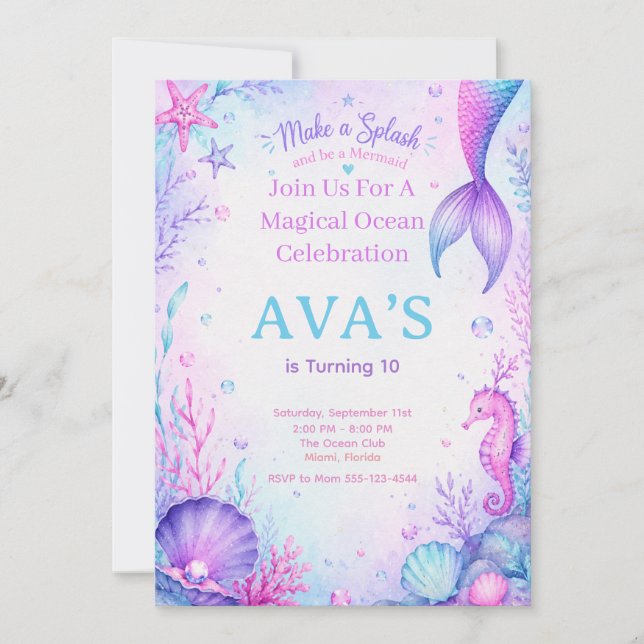 Make a Splash Mermaid Birthday Party Watercolor  Inbjudningar (Framsida)