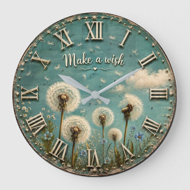 Make a Wish Dandelion Rustic Farmhouse Floral  Stor Klocka (Framsida)