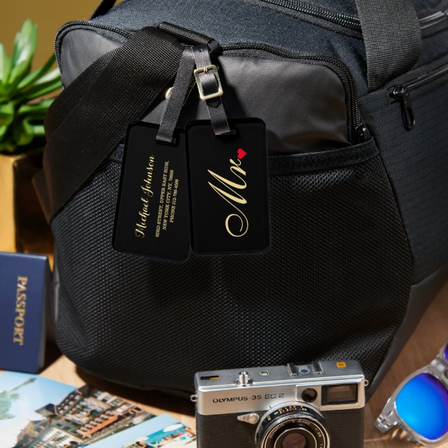 Make Groom Bröllop Elegant Black Guld Travel Bagagebricka (Fram & Baksida)