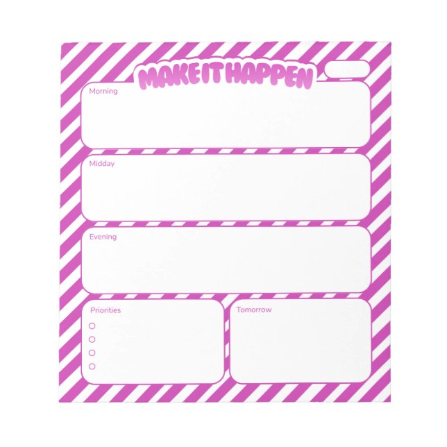 Make It Happen Pink Striped Daily Planner Notepad Anteckningsblock (Framsida)