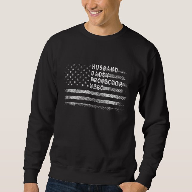 Make Pappa Protector Hero Pappa Flagga America Lång Ärmad Tröja (Framsida)
