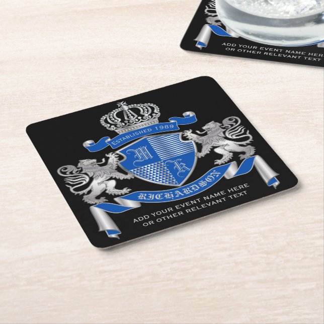 Make Your Own Coat of Arms Blue Silver Lion Emblem Underlägg Papper Kvadrat (Vinklad)