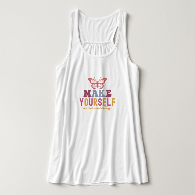 "Make Yourself a Priority" Retro Butterfly Quote Linne Med Racerback (Design framsida)