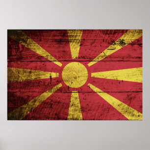 Makedoniens Flagga på gammalt träbete Poster