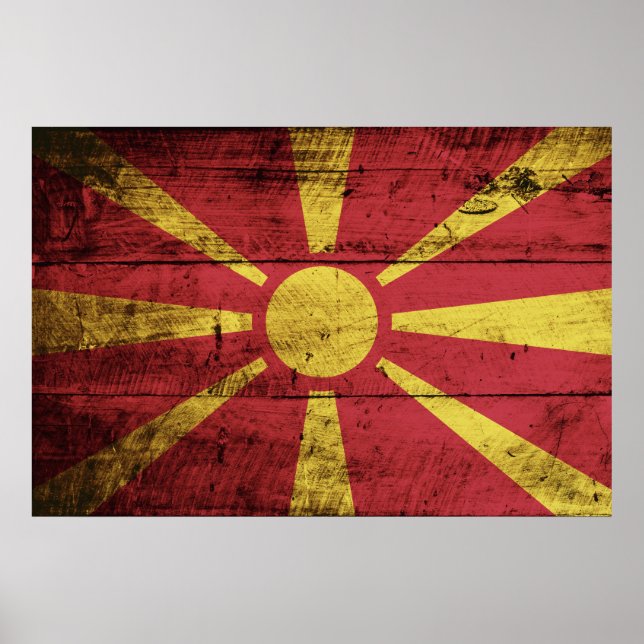 Makedoniens Flagga på gammalt träbete Poster (Framsidan)